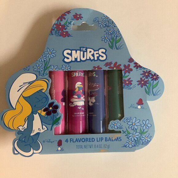 THE SMURFS Lip Balm Set 4 Pc Flavored TASTE BEAUTY Strawberry Smurfberry Vanilla - Picture 1 of 4